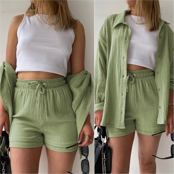 Joanna Button Up Shirt & Shorts Set - Sage - Picture 1 of 7